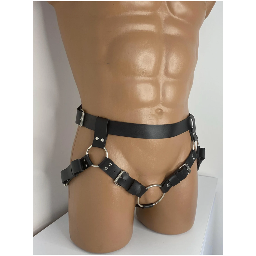 bondage leather harness adjustable buckles, heavy duty straps, clubwear, fetish gear, costume, cosplay, black