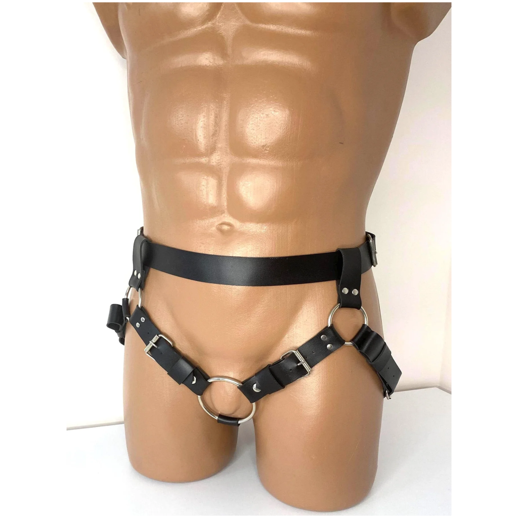 bondage leather harness adjustable buckles, heavy duty straps, clubwear, fetish gear, costume, cosplay, black