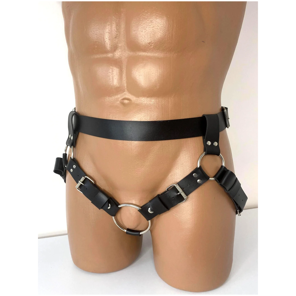 bondage leather harness adjustable buckles, heavy duty straps, clubwear, fetish gear, costume, cosplay, black