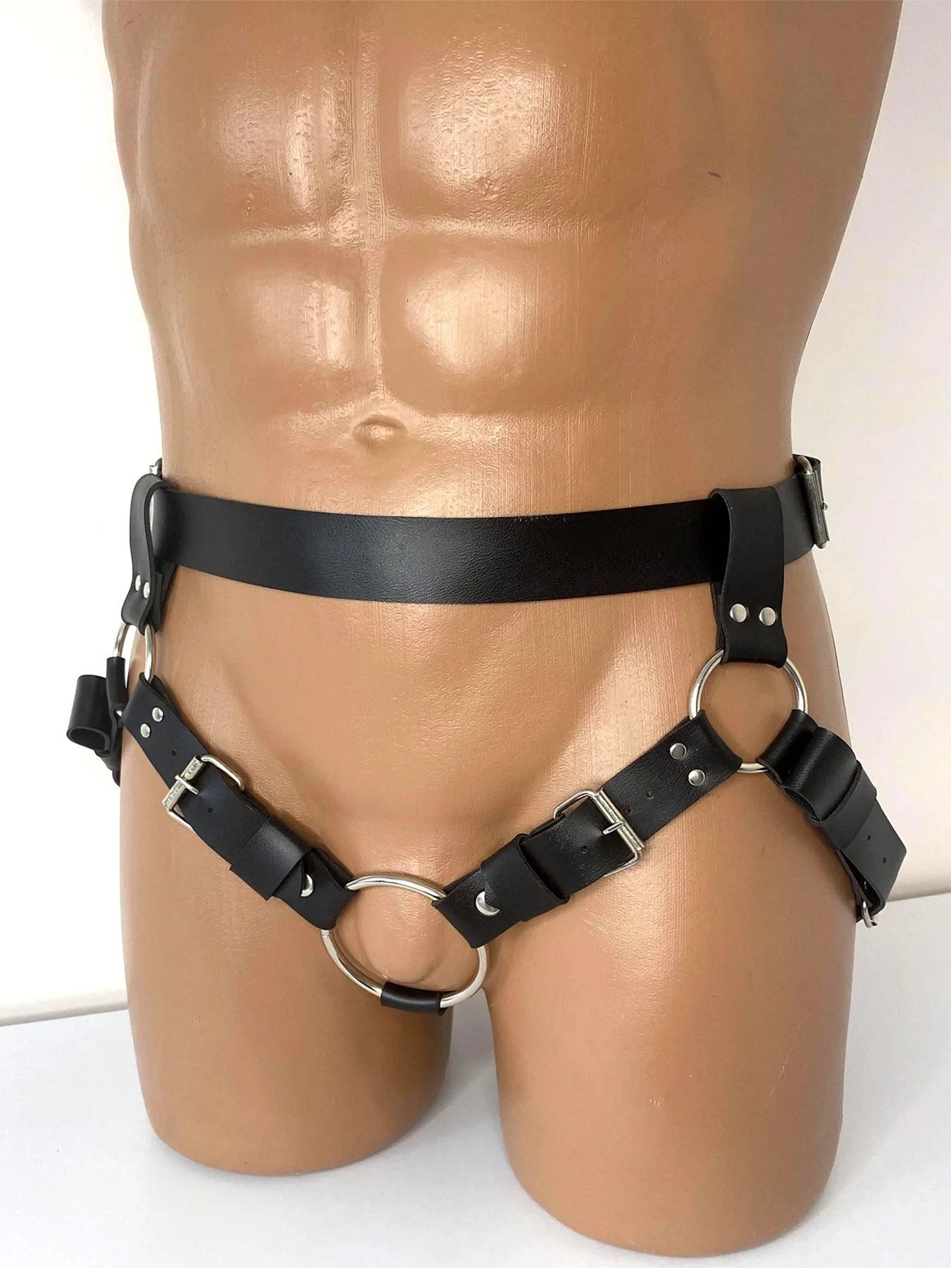 bondage leather harness adjustable buckles, heavy duty straps, clubwear, fetish gear, costume, cosplay, black